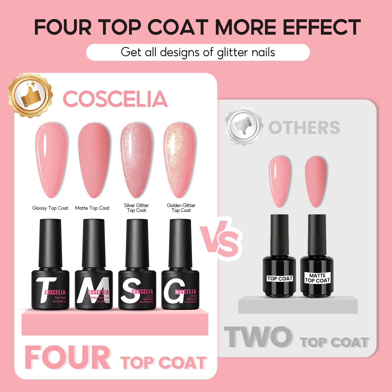 COSCELIA matte, glossy, and glitter top coats add variety.