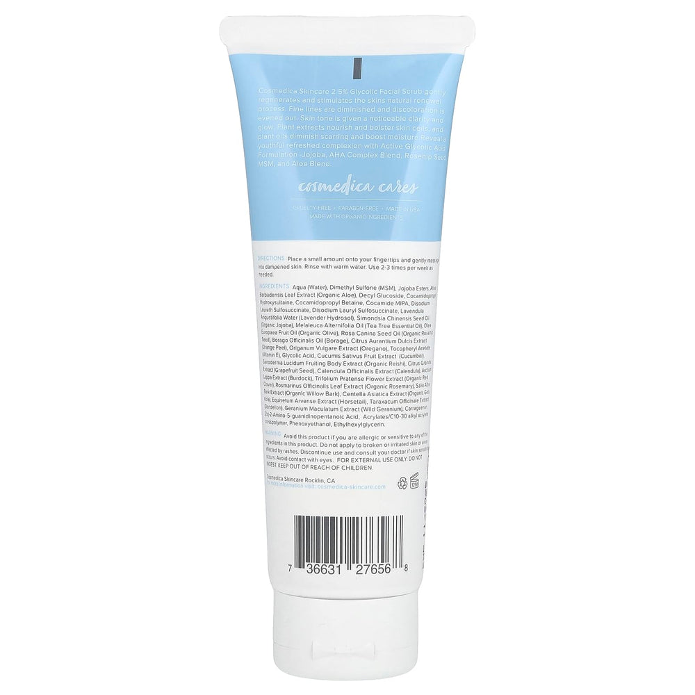 Cosmedica Glycolic Scrub in hand demonstrating easy, user-friendly application for smoother skin.