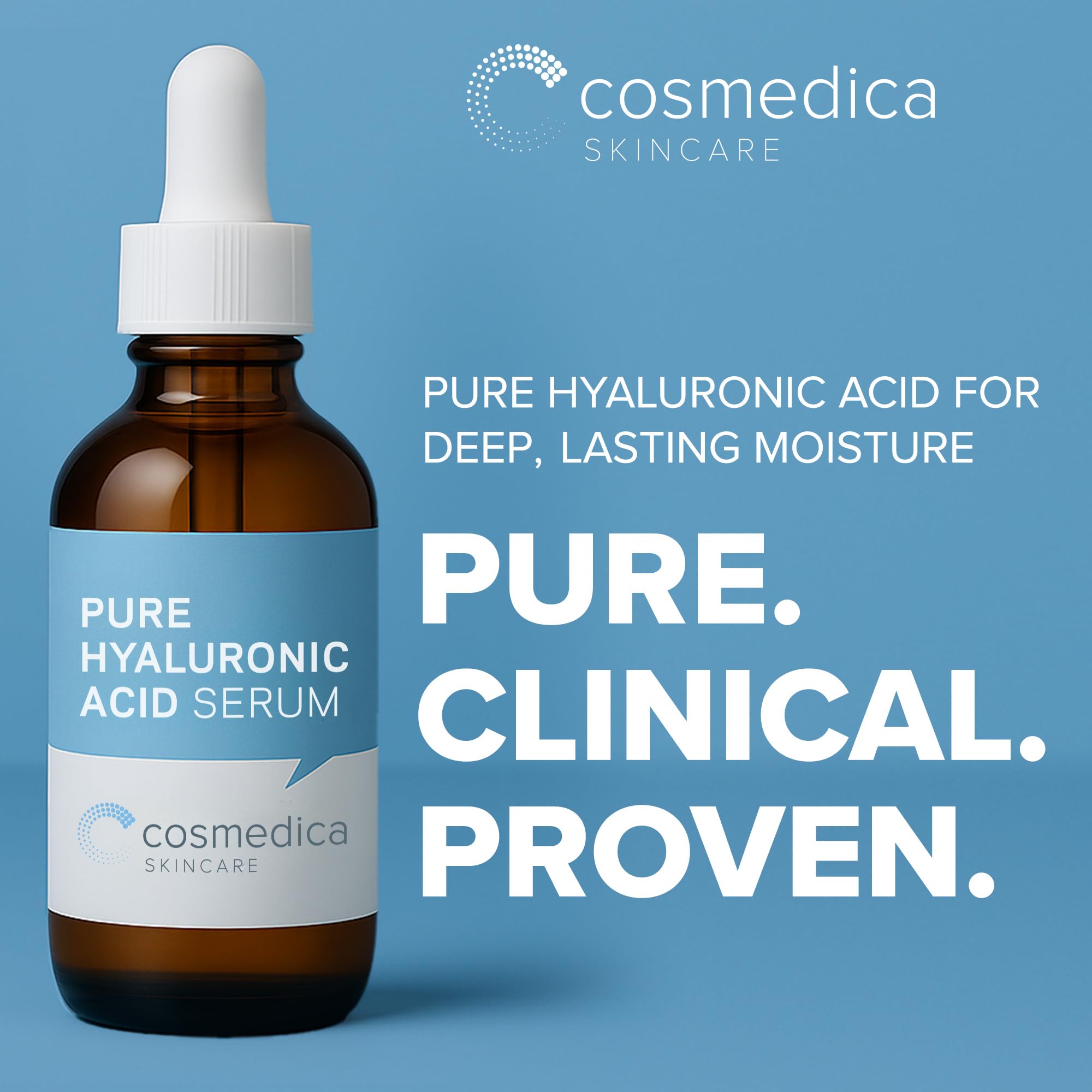 Cosmedica Skincare Hyaluronic Acid Serum bottle closeup showing clean formula.