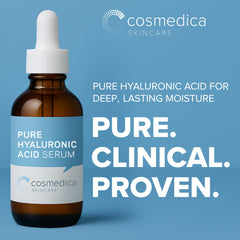 Cosmedica Skincare Hyaluronic Acid Serum bottle closeup showing clean formula.