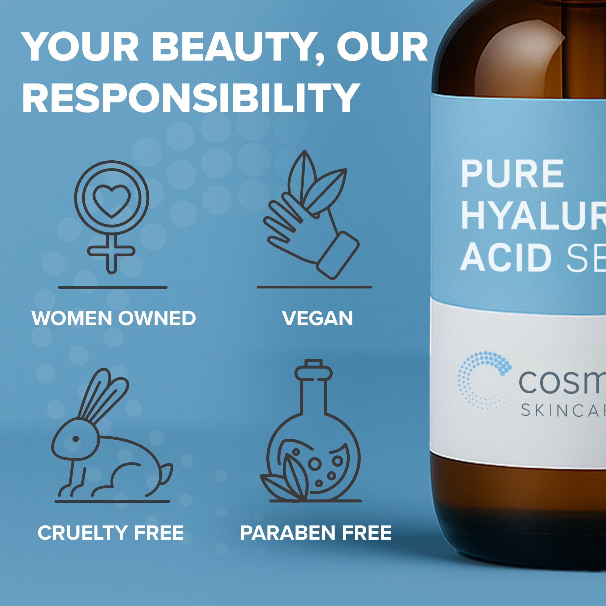 Cosmedica Hyaluronic Acid Serum bottle label highlights Made in USA and purity.