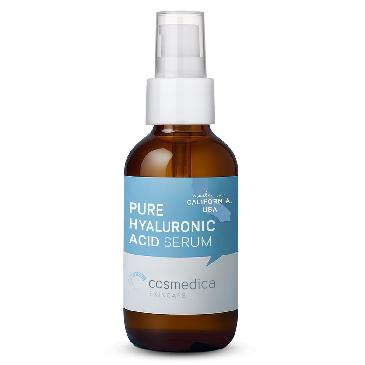 Cosmedica Hyaluronic Acid Serum bottle with pump for easy hydration and controlled application.
