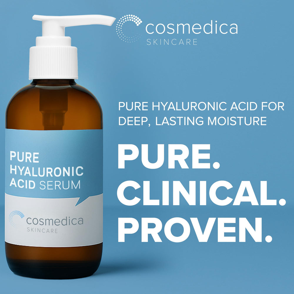 Cosmedica Hyaluronic Serum drop on hand demonstrates quick absorption and plump potential.