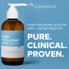 Cosmedica Hyaluronic Serum drop on hand demonstrates quick absorption and plump potential.