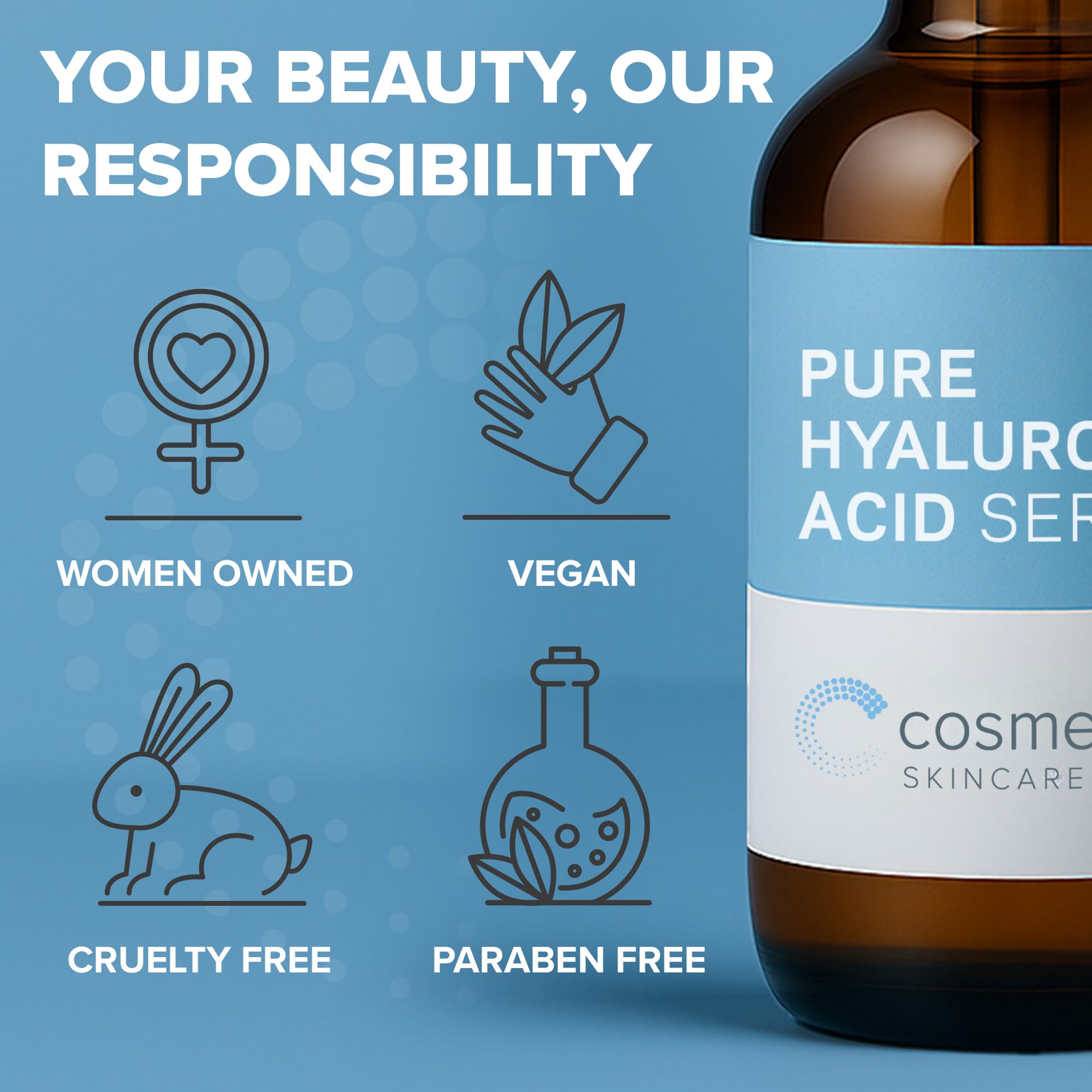 Cosmedica Hyaluronic Serum packaging conveys clean, clinical branding.