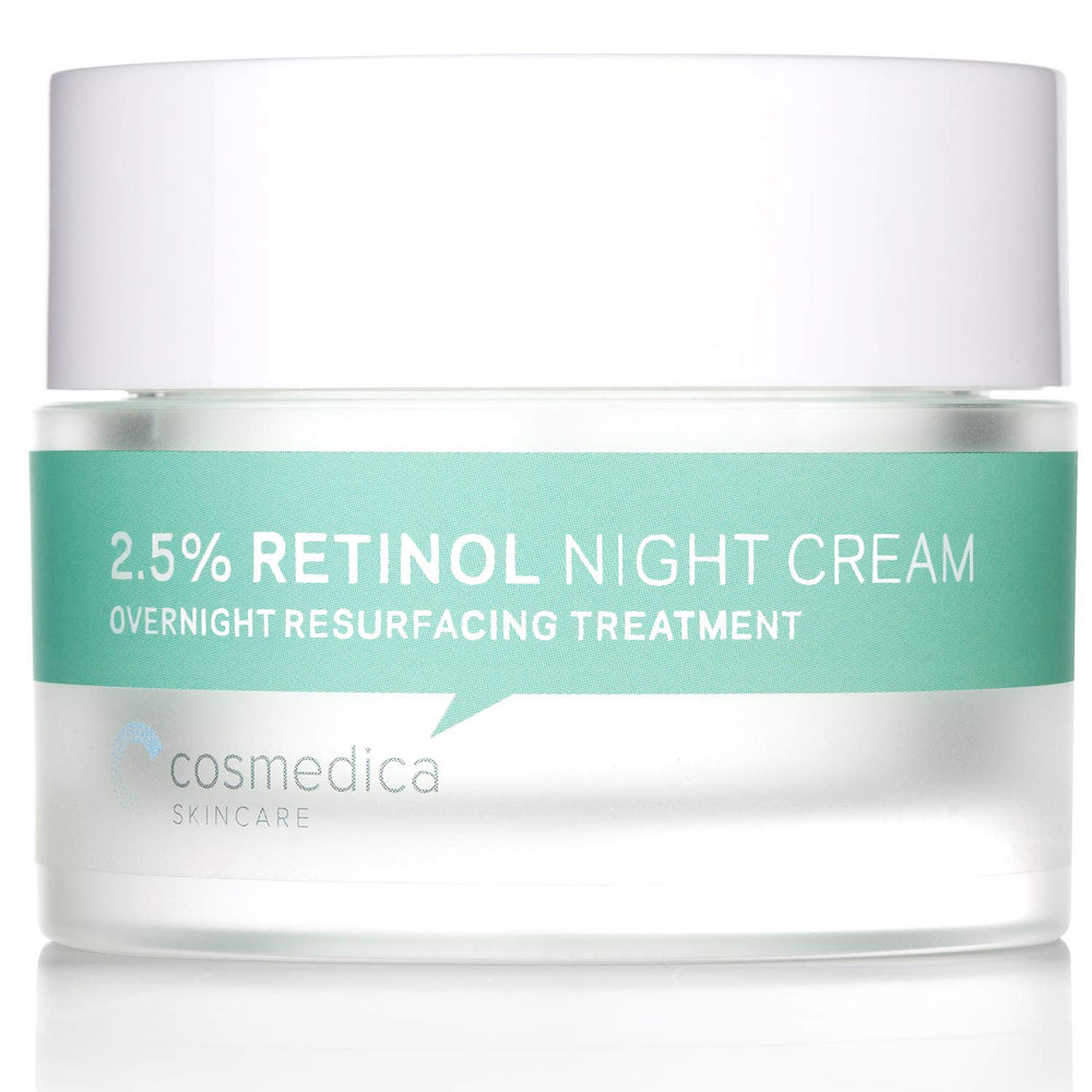 Cosmedica Retinol Night Cream bottle on vanity for nightly hydration and smoothing