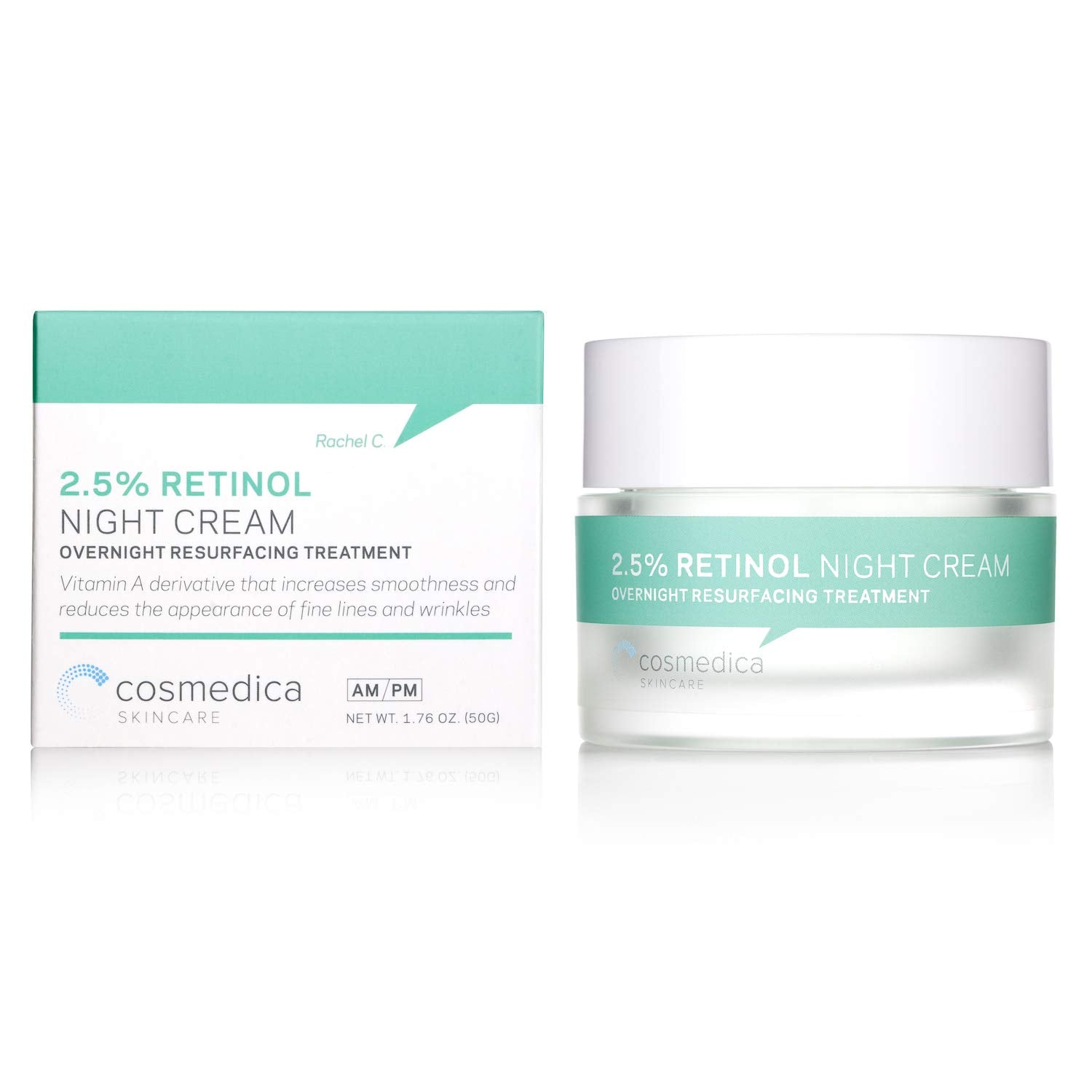 Cosmedica Retinol Night Cream jar highlighting hyaluronic acid and vitamin A for hydration