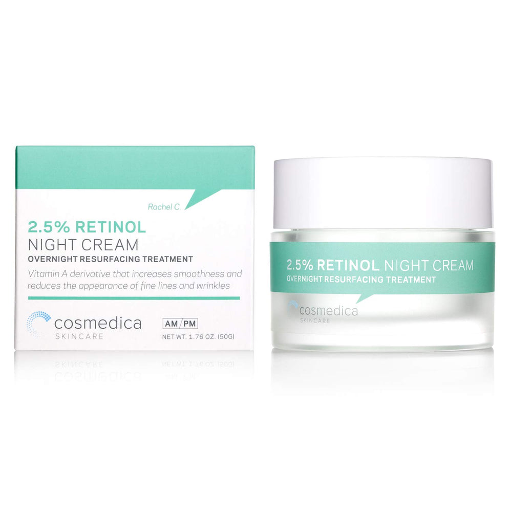 Cosmedica Retinol Night Cream jar highlighting hyaluronic acid and vitamin A for hydration