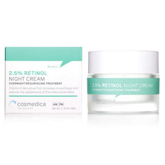 Cosmedica Retinol Night Cream jar highlighting hyaluronic acid and vitamin A for hydration