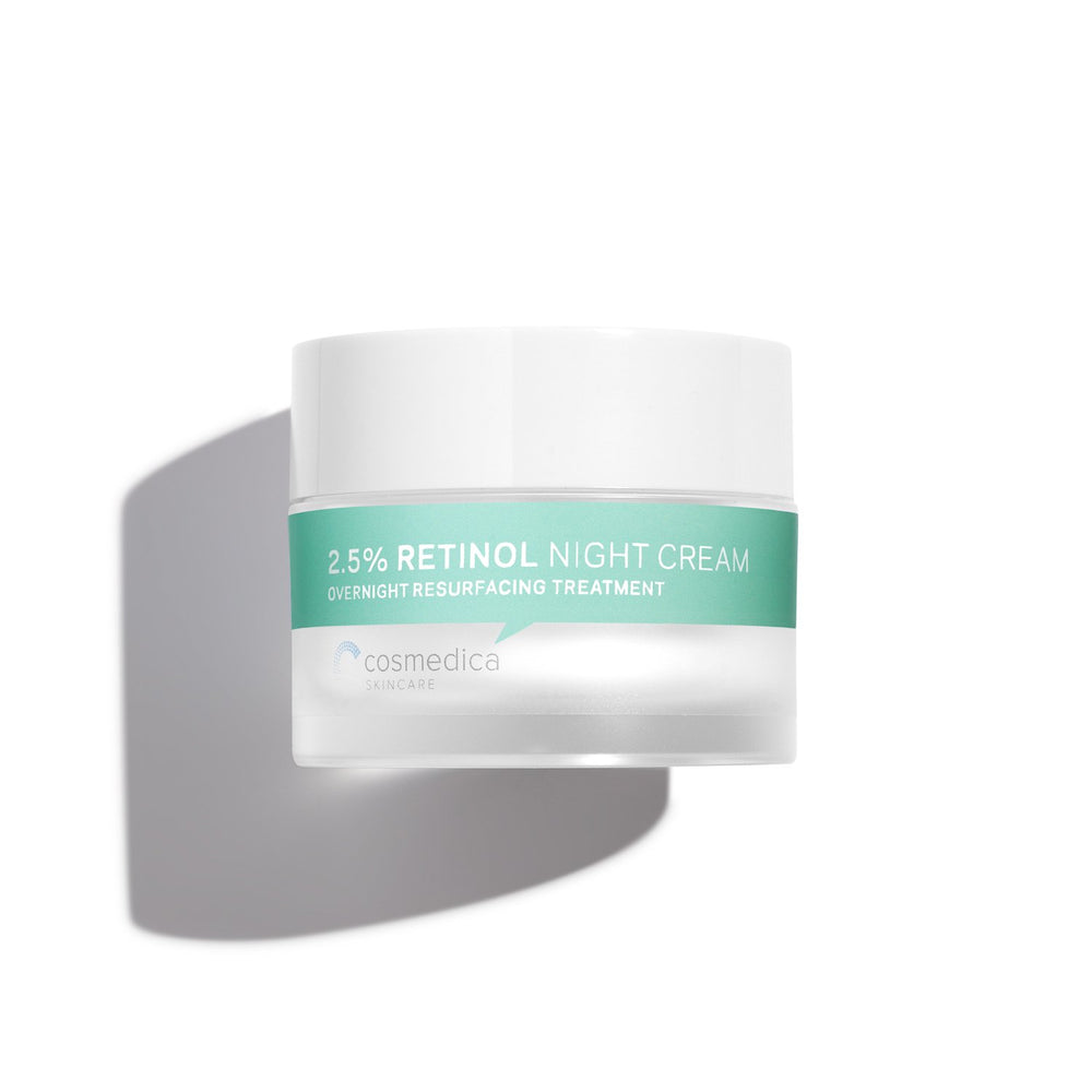 Cosmedica Retinol Night Cream packaging box beside routine products
