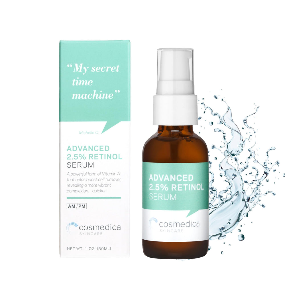 Cosmedica Retinol Serum bottle 1oz, showcasing anti-aging formula for smoother skin.