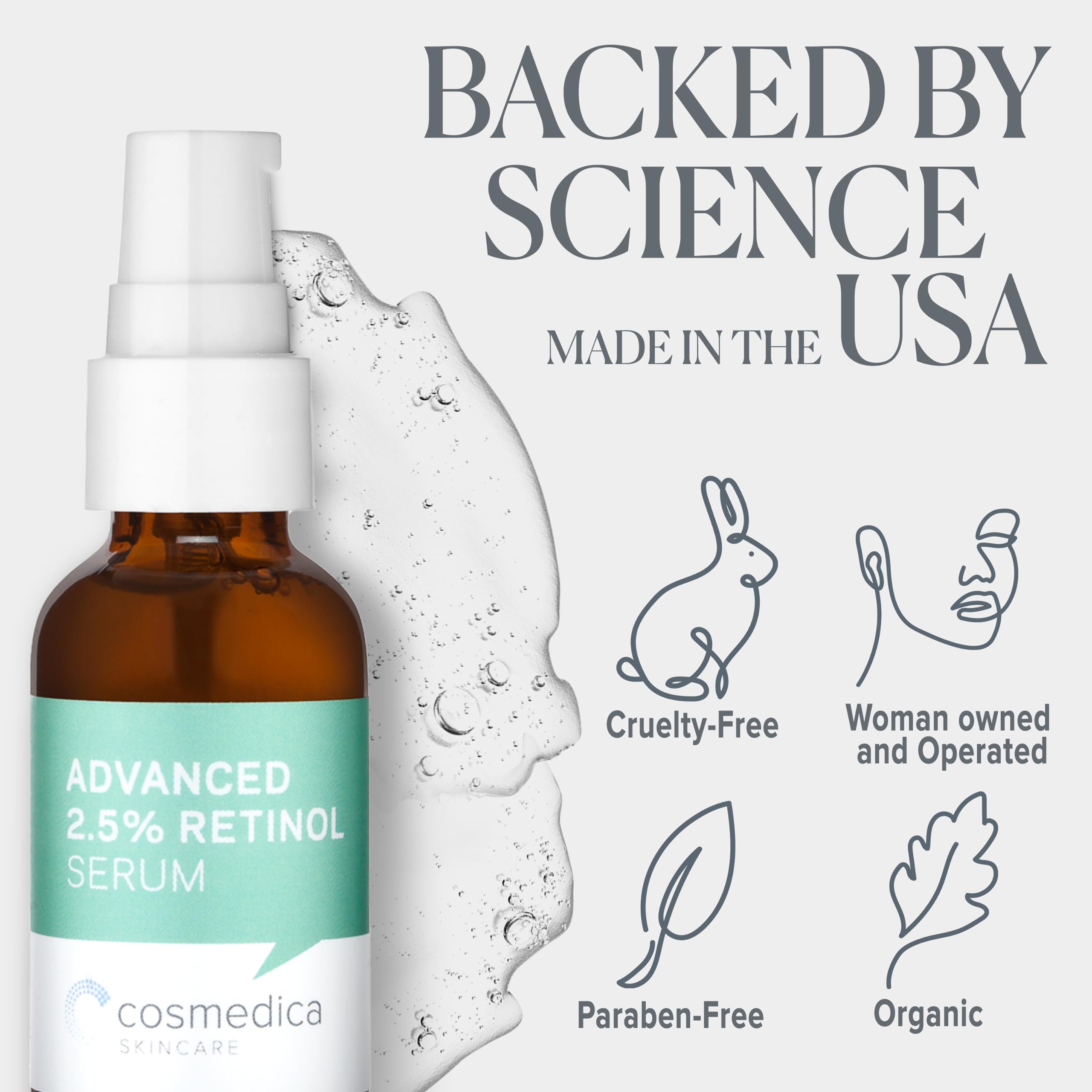 Cosmedica Retinol Serum bottle closeup highlights premium USA-made quality.