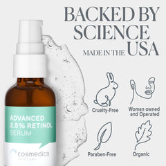 Cosmedica Retinol Serum bottle closeup highlights premium USA-made quality.