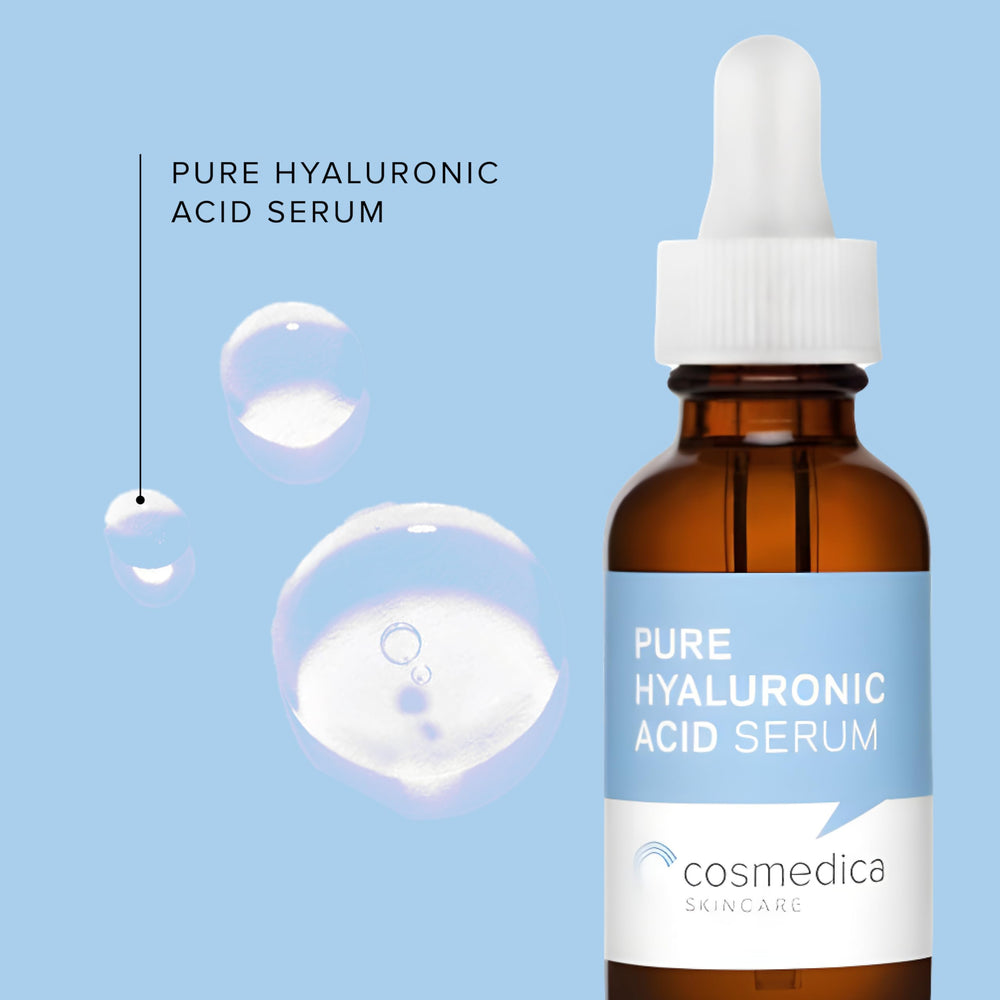 Cosmedica Skincare Pure Hyaluronic Acid Serum dropper highlights deep hydration and plump moisture