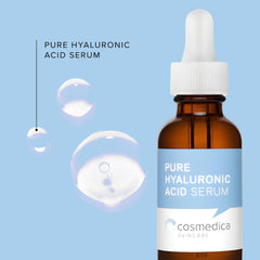 Cosmedica Skincare Pure Hyaluronic Acid Serum dropper highlights deep hydration and plump moisture