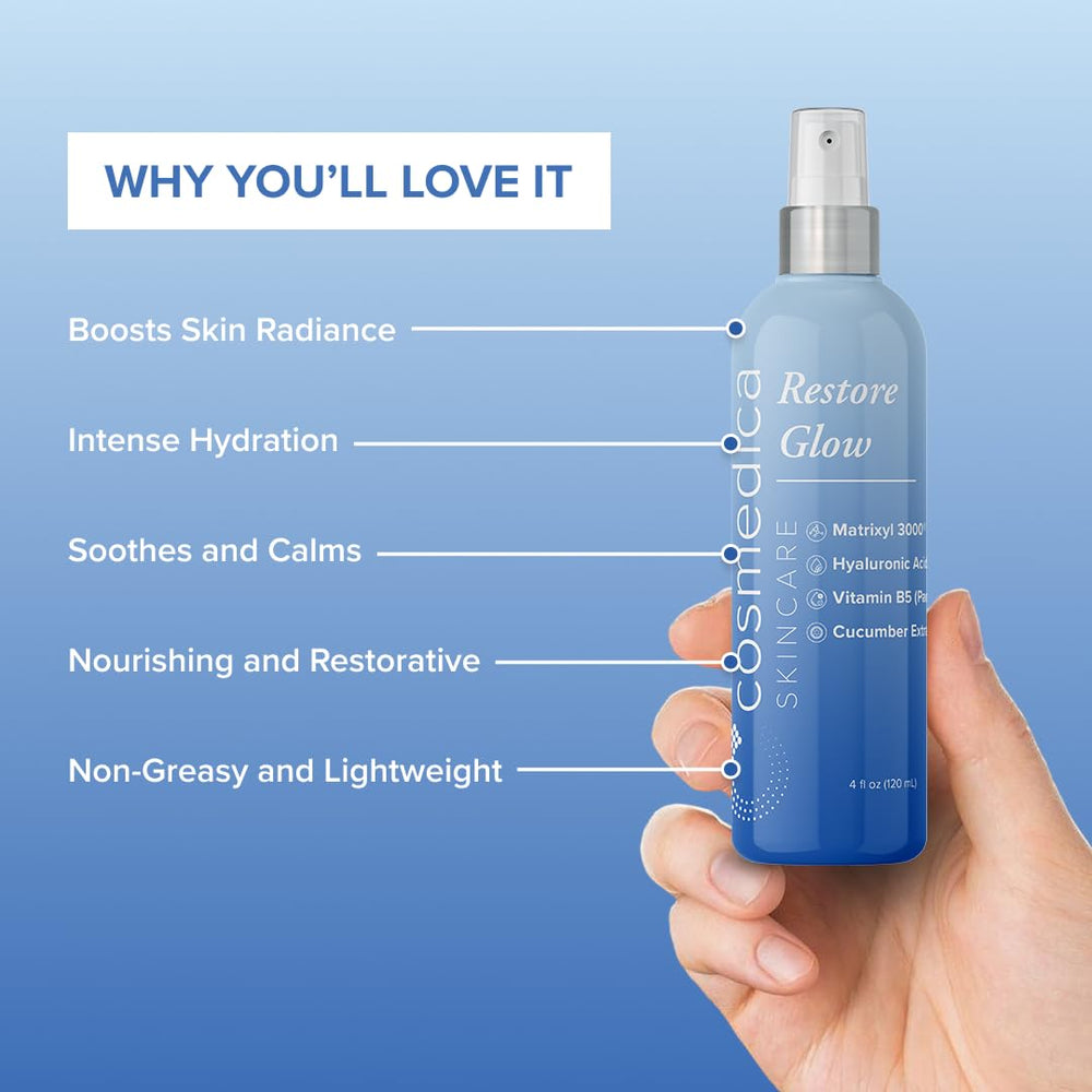 Cosmedica Skincare Restore Glow Peptide Spray mist provides a refreshing hydration boost.