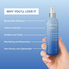 Cosmedica Skincare Restore Glow Peptide Spray mist provides a refreshing hydration boost.