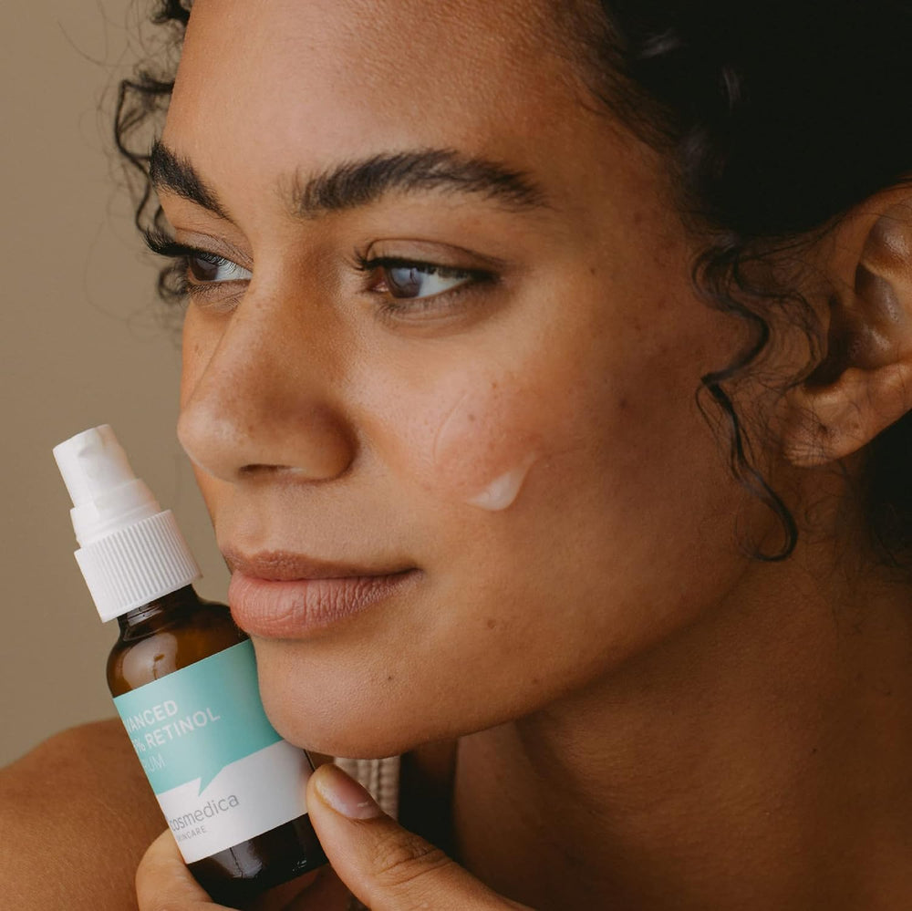Cosmedica Skincare USA-made bottle on shelf signaling trusted manufacturing