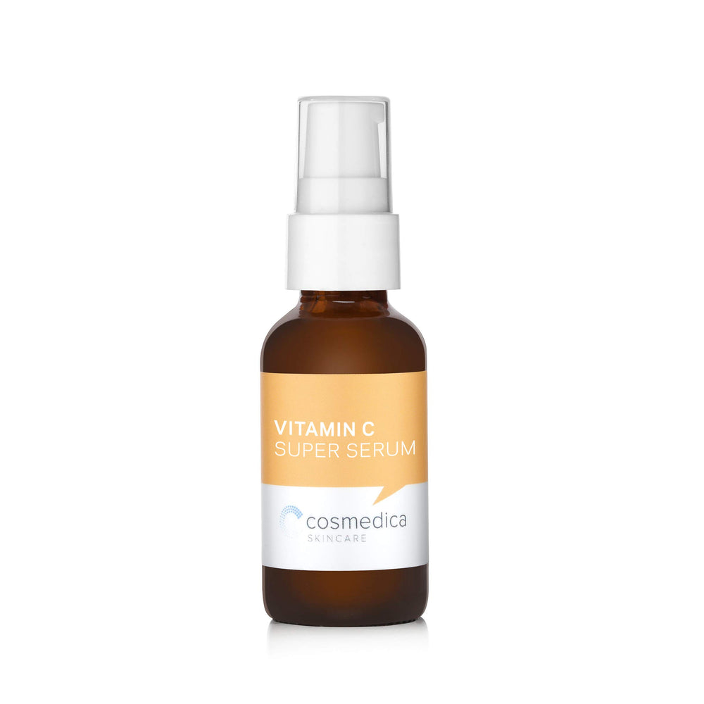 Cosmedica Vitamin C Super Serum bottle shown for daily brightening.