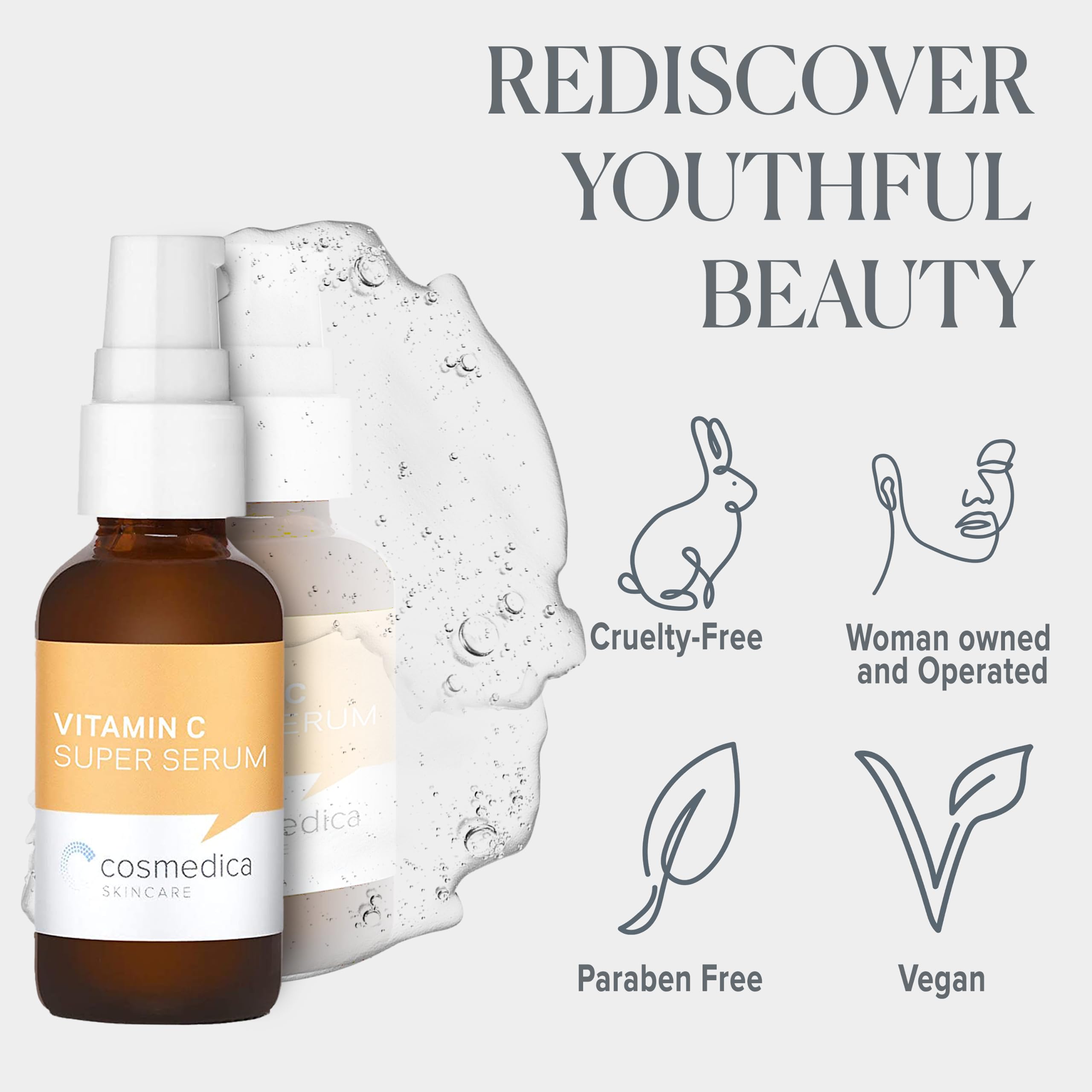 Closeup texture of Cosmedica Vitamin C Super Serum, lightweight and fast-absorbing.
