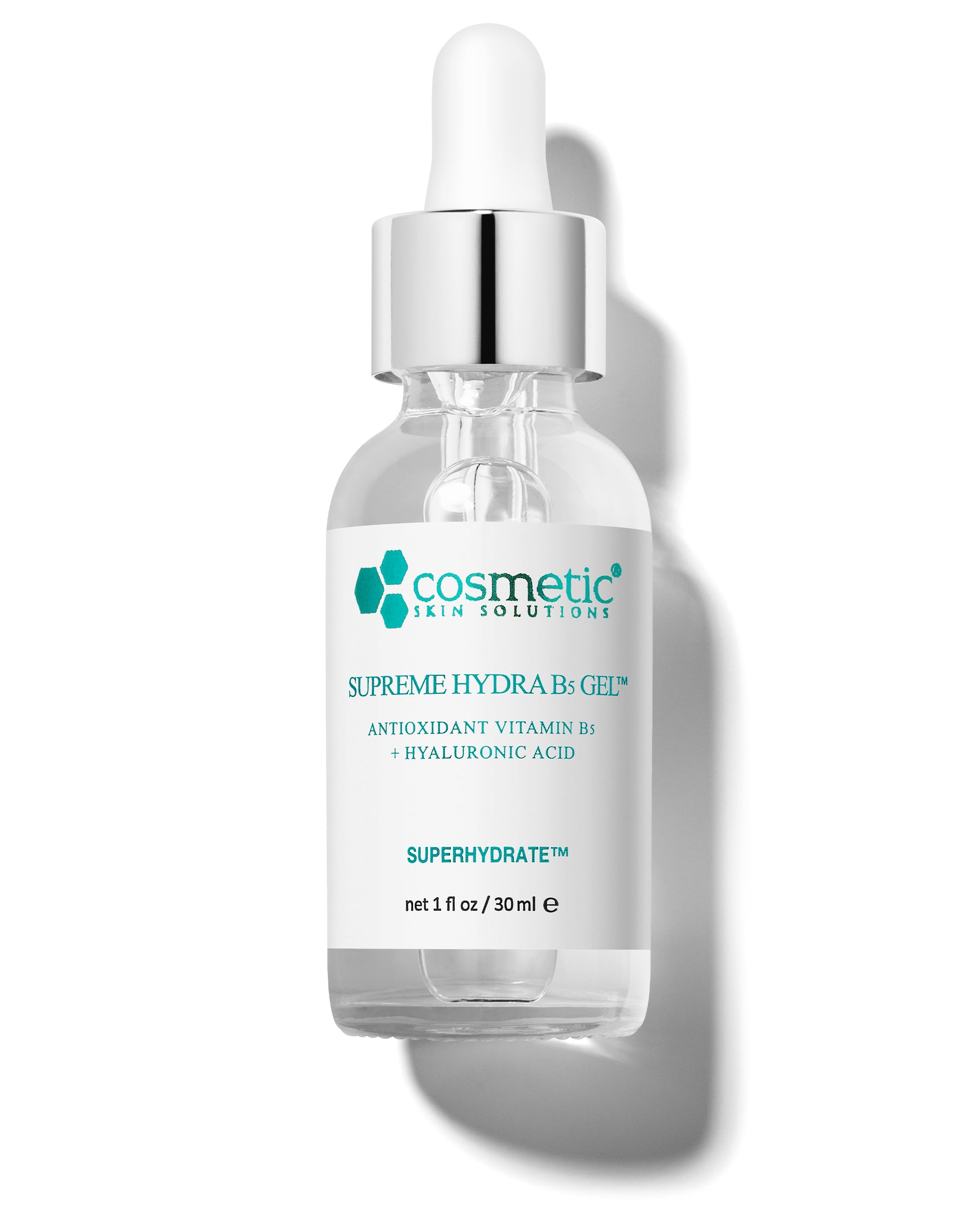Cosmetic Skin Solutions Supreme Hydra B5 Gel bottle shows instant hydration for all skin types.