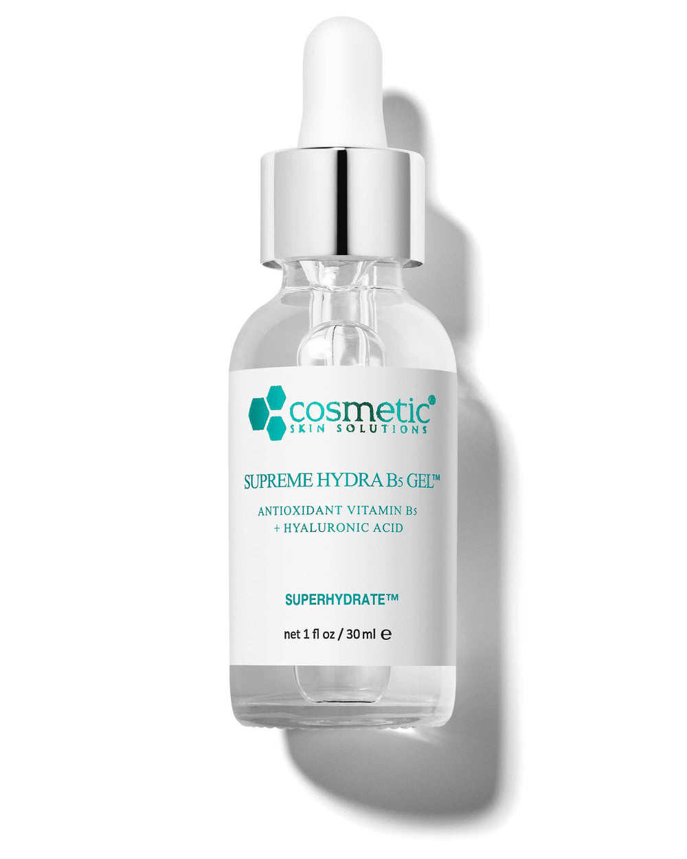 Cosmetic Skin Solutions Supreme Hydra B5 Gel bottle shows instant hydration for all skin types.