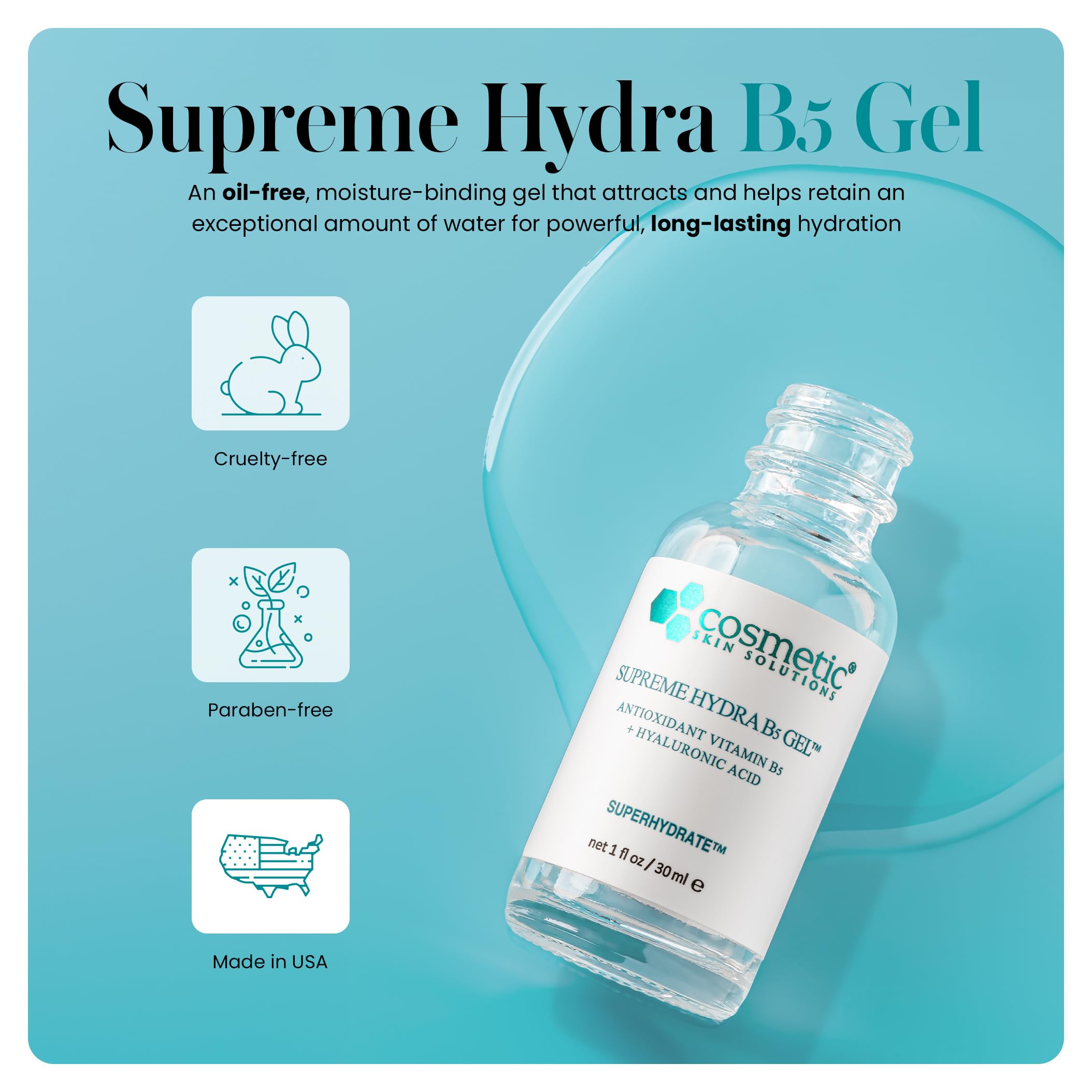 Cosmetic Skin Solutions Supreme Hydra B5 Gel dispense demonstrates oil-free, quick-absorbing formula.