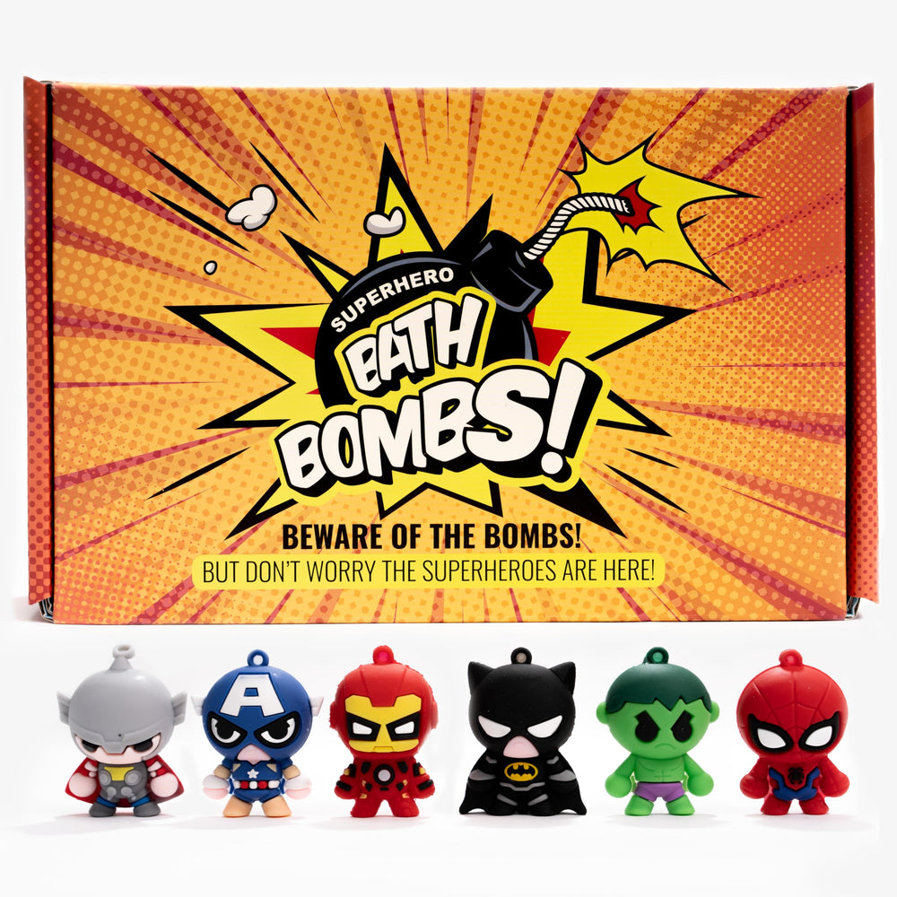 Cosmetics Stories superhero bath bomb with colorful swirls for playful baths.