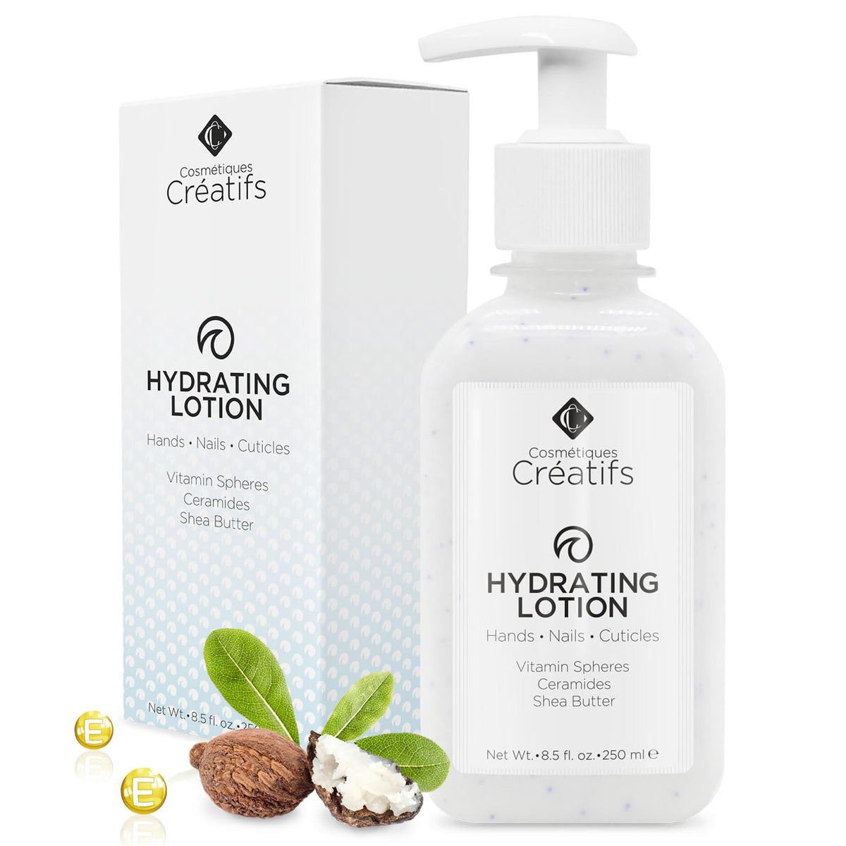 Cosme9tiques Cre9atifs Lotion hydratante pour mains, flacon visible, hydratation durable.