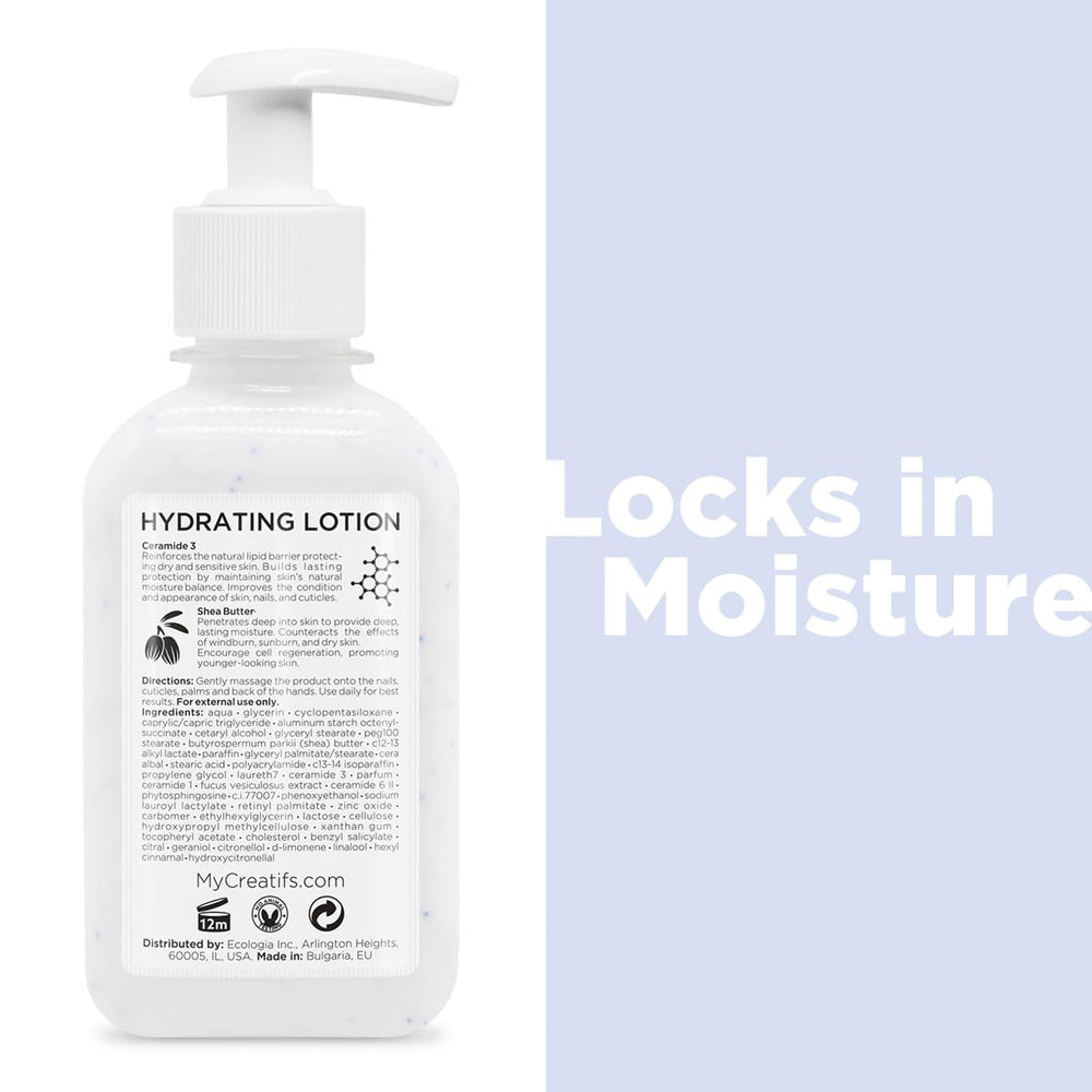 Cosme9tiques Cre9atifs Lotion mains, texture cre8meuse et absorption rapide pour douceur.