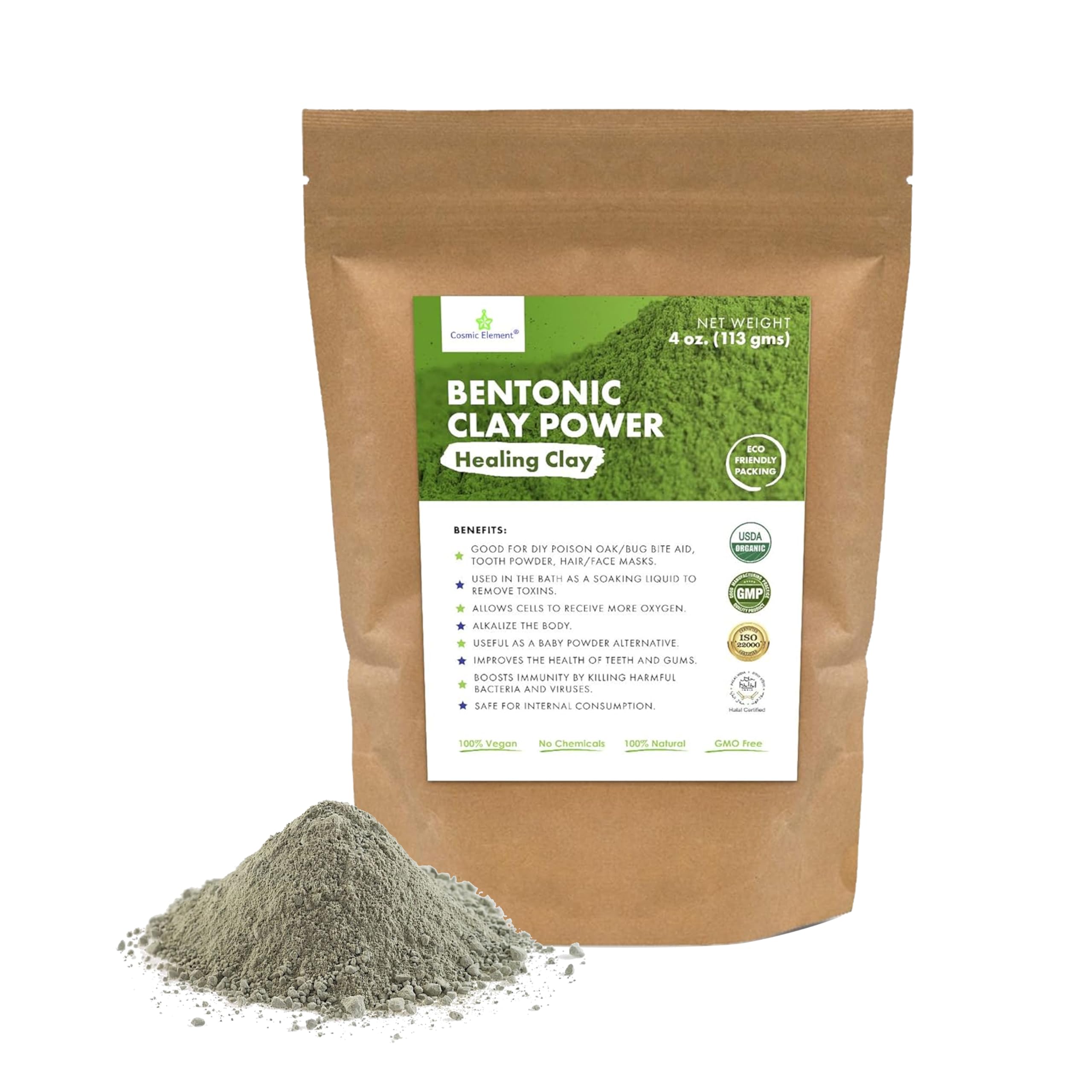 Cosmic Element calcium bentonite clay powder jar for pore cleansing and refreshed skin.