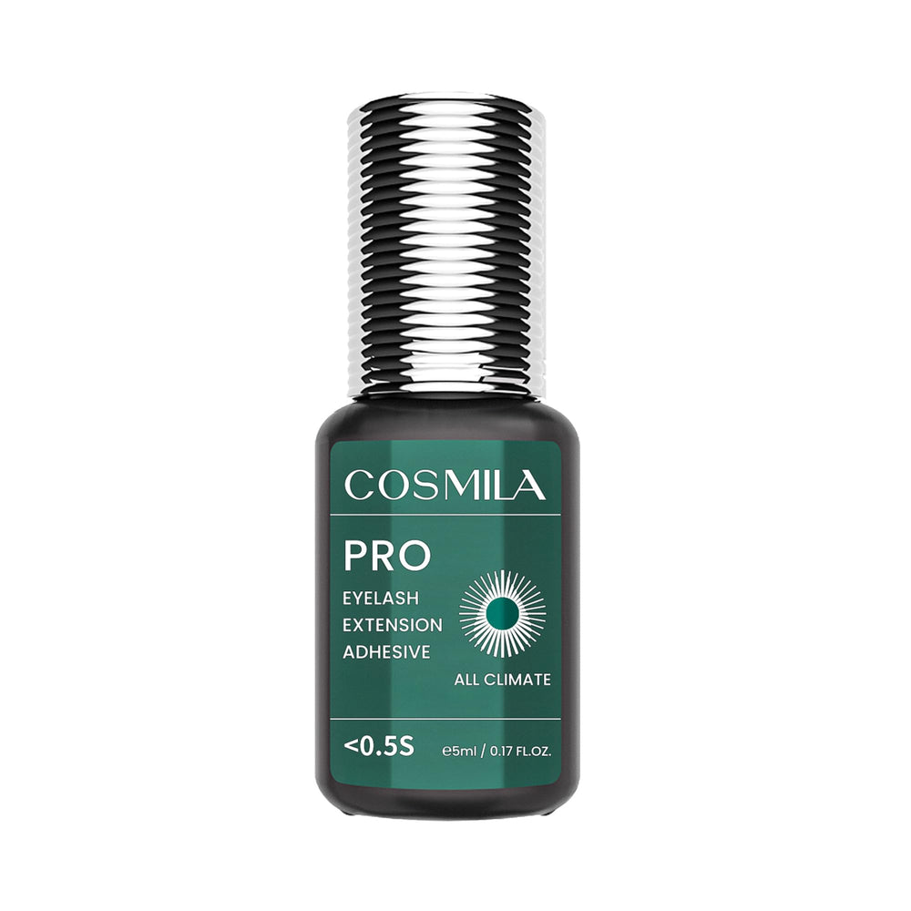 COSMILA Pro eyelash extension glue bottle cap closeup showing secure closure and premium packaging.