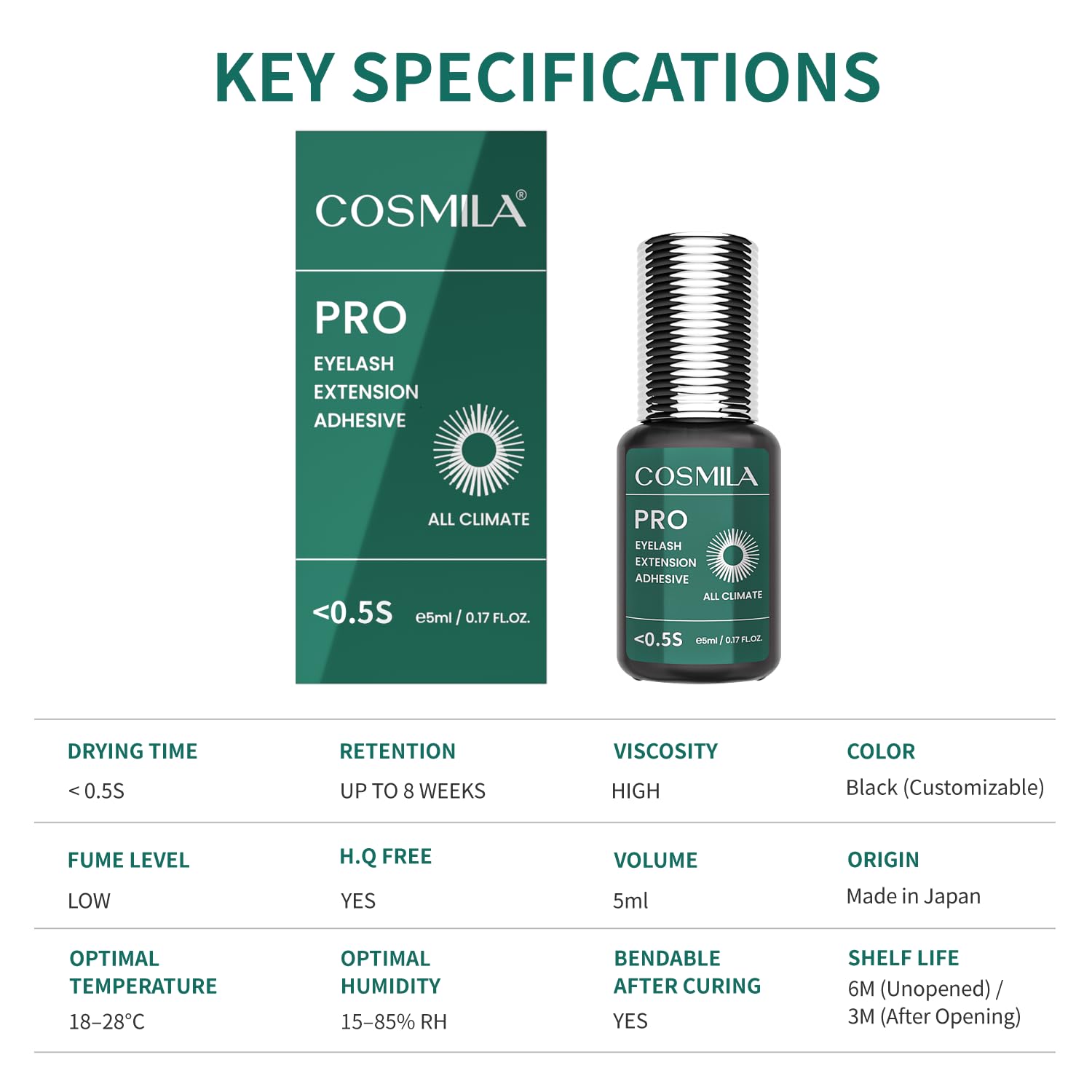 COSMILA Pro eyelash extension glue eight-week retention potential for lash technicians.