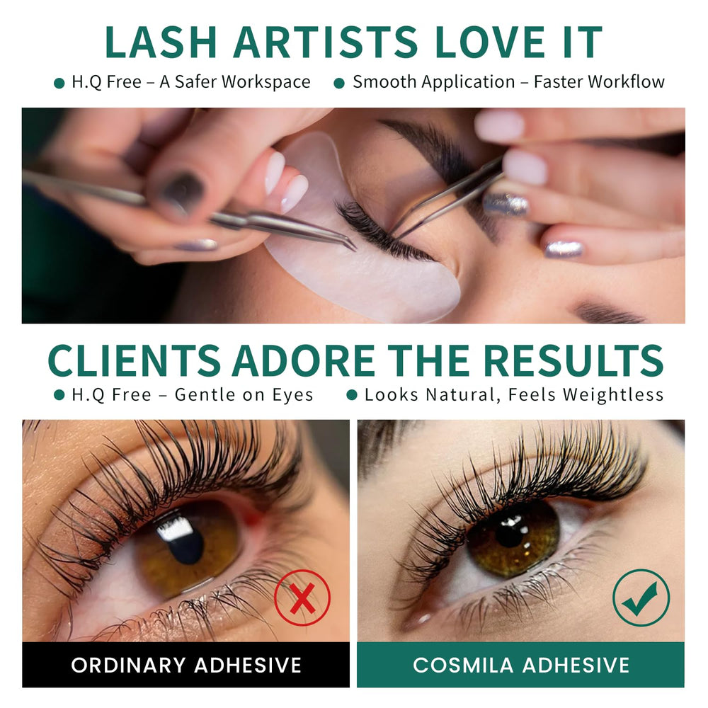 COSMILA Pro eyelash extension glue HQ-free formula reduces irritation for clients.