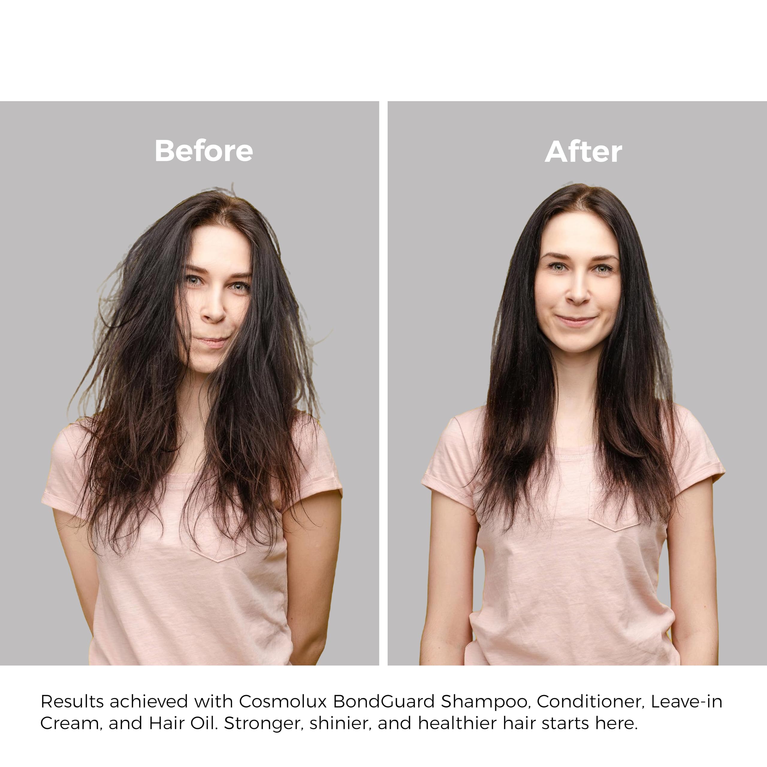 Cosmolux BondGuard bottle showing glossy finish on finished hairstyle
