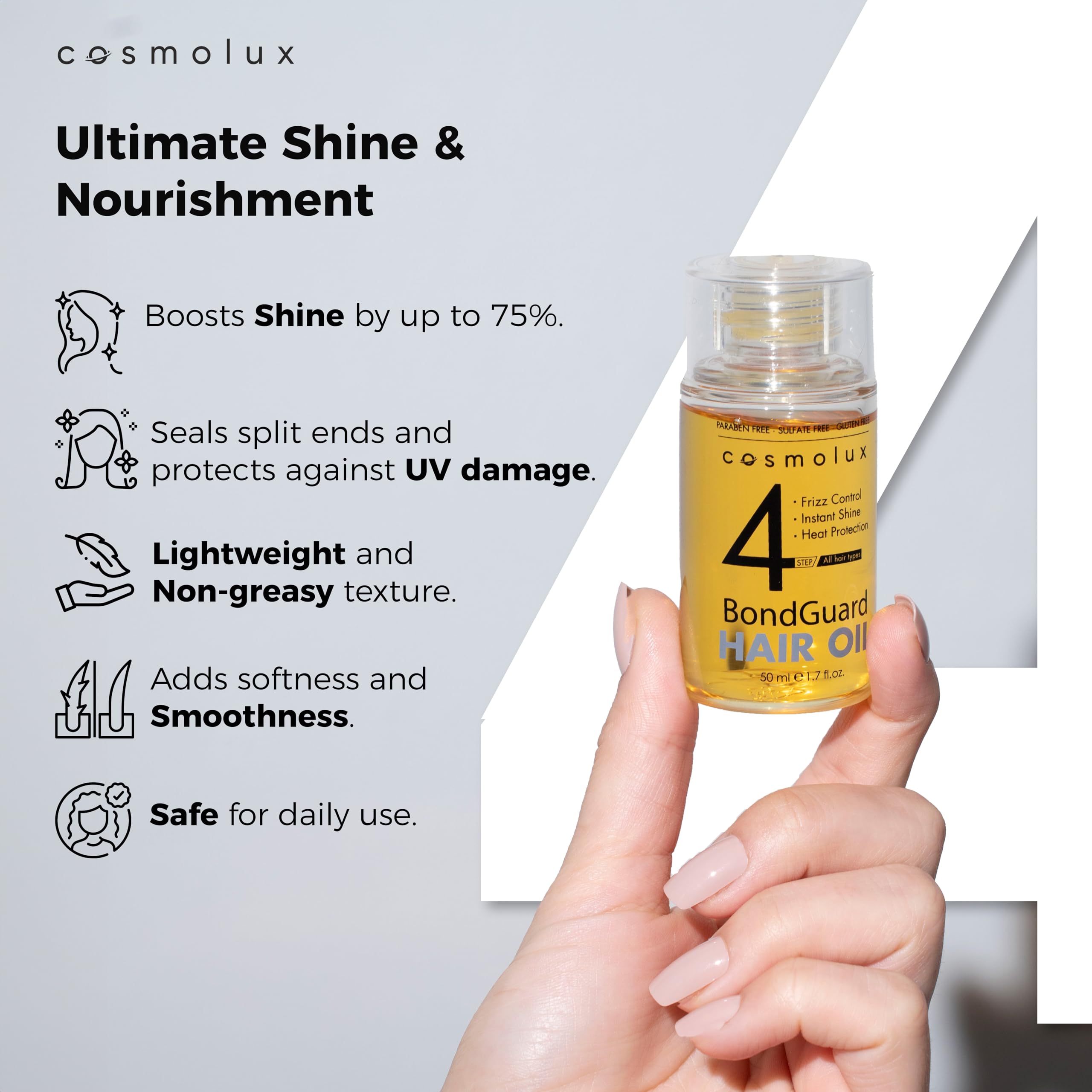 Cosmolux BondGuard oil texture close-up with quick absorption on skin