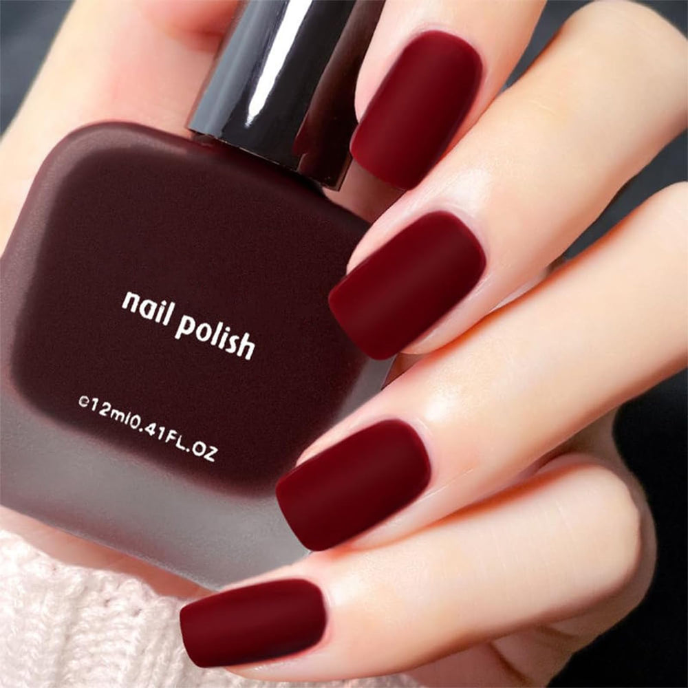 COSMOO Burgundy matte nail polish bottle, front view showing rich velvet finish.