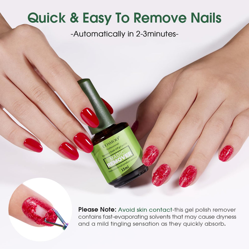 COSMOO Gel Nail Polish Remover packaging shows dual bottles for convenient DIY use