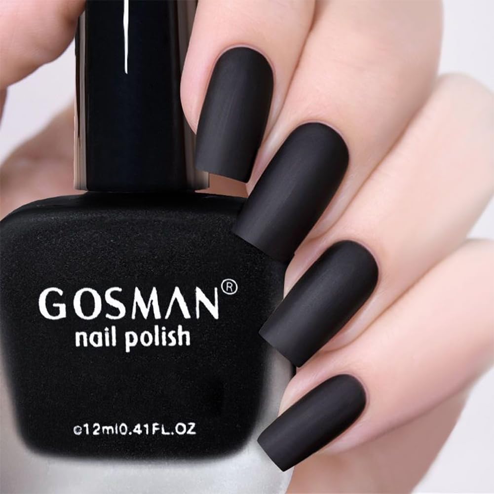COSMOO matte black polish bottle closeup highlights premium shade.