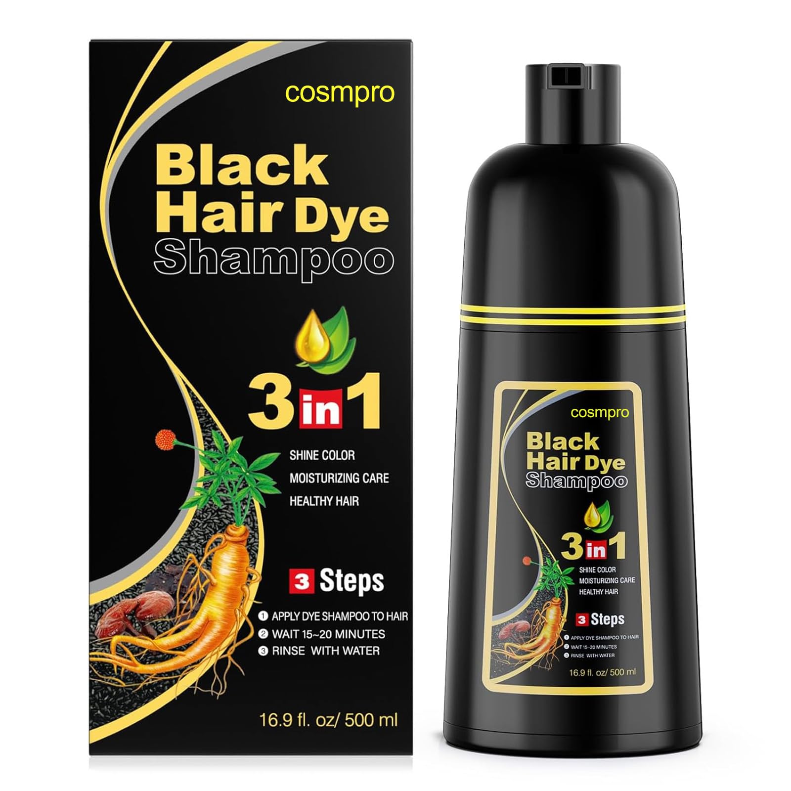 cosmpro Black Hair Dye Shampoo bottle shows gray coverage at home
