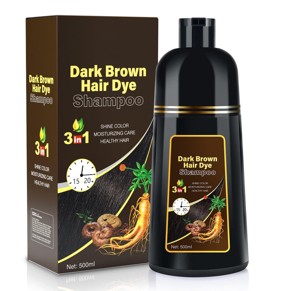 Cosmpro dark brown dye shampoo bottle pour showing easy, mess-free gray coverage