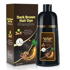 Cosmpro dark brown dye shampoo bottle pour showing easy, mess-free gray coverage