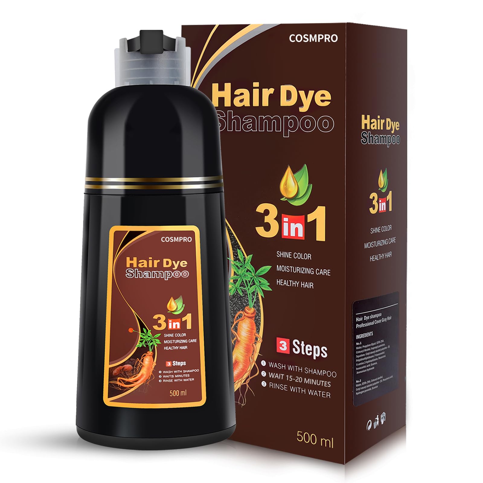 Cosmpro Chestnut Brown shampoo bottle with lather for gray coverage