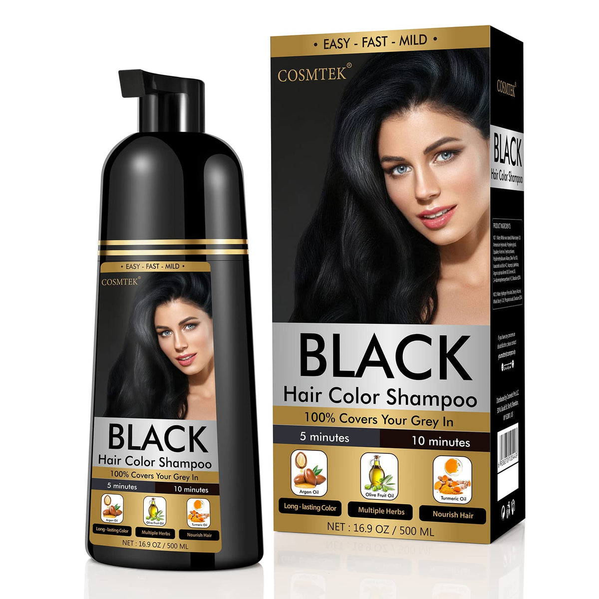 COSMTEK Black Dye Shampoo bottle showcasing 3-in-1 color coverage for gray hair.