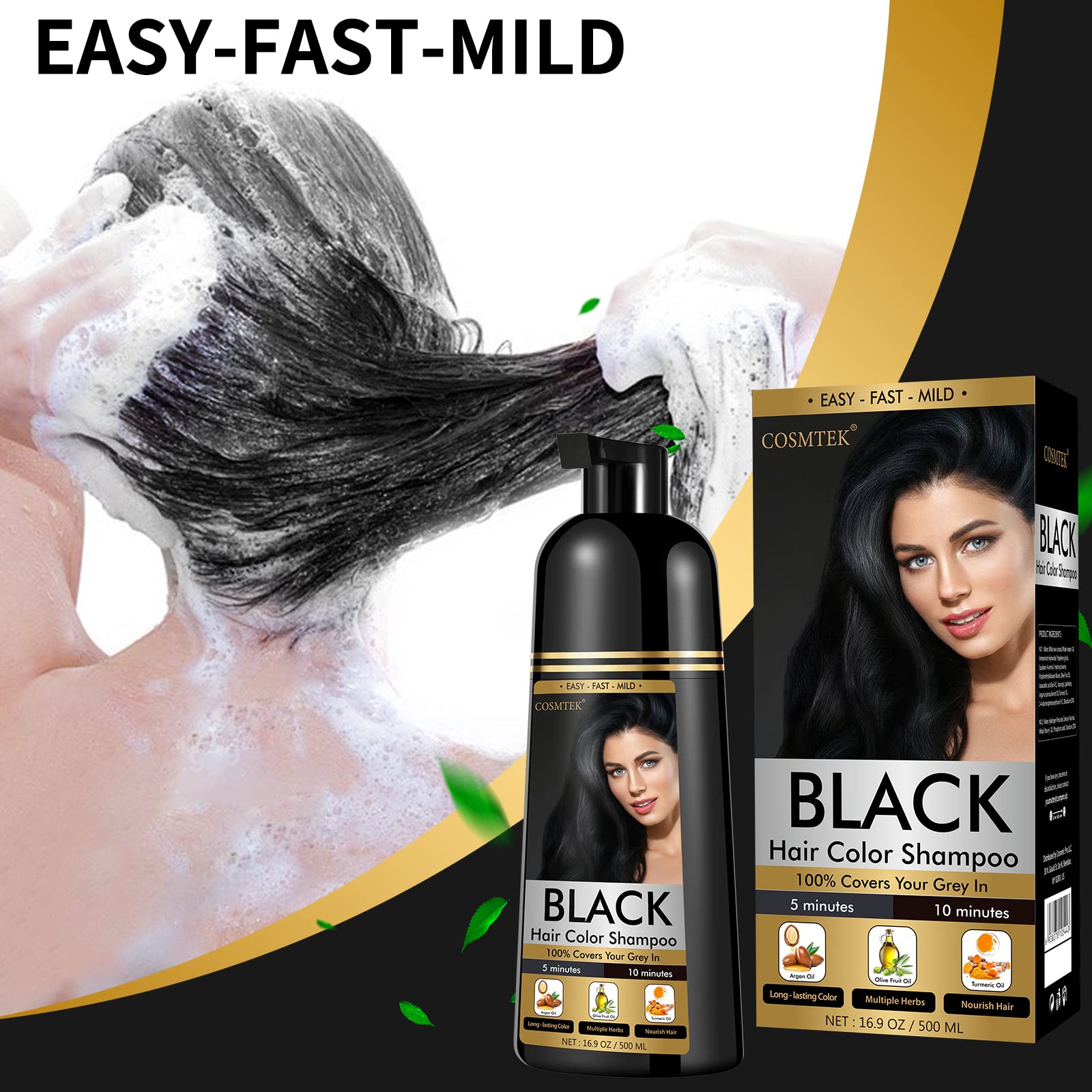 COSMTEK Black Dye Shampoo applied to wet hair during application.