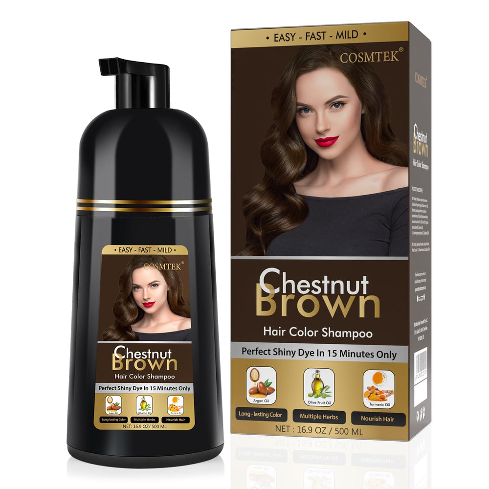 COSMTEK Chestnut Brown Shampoo bottle for easy gray coverage and shine.