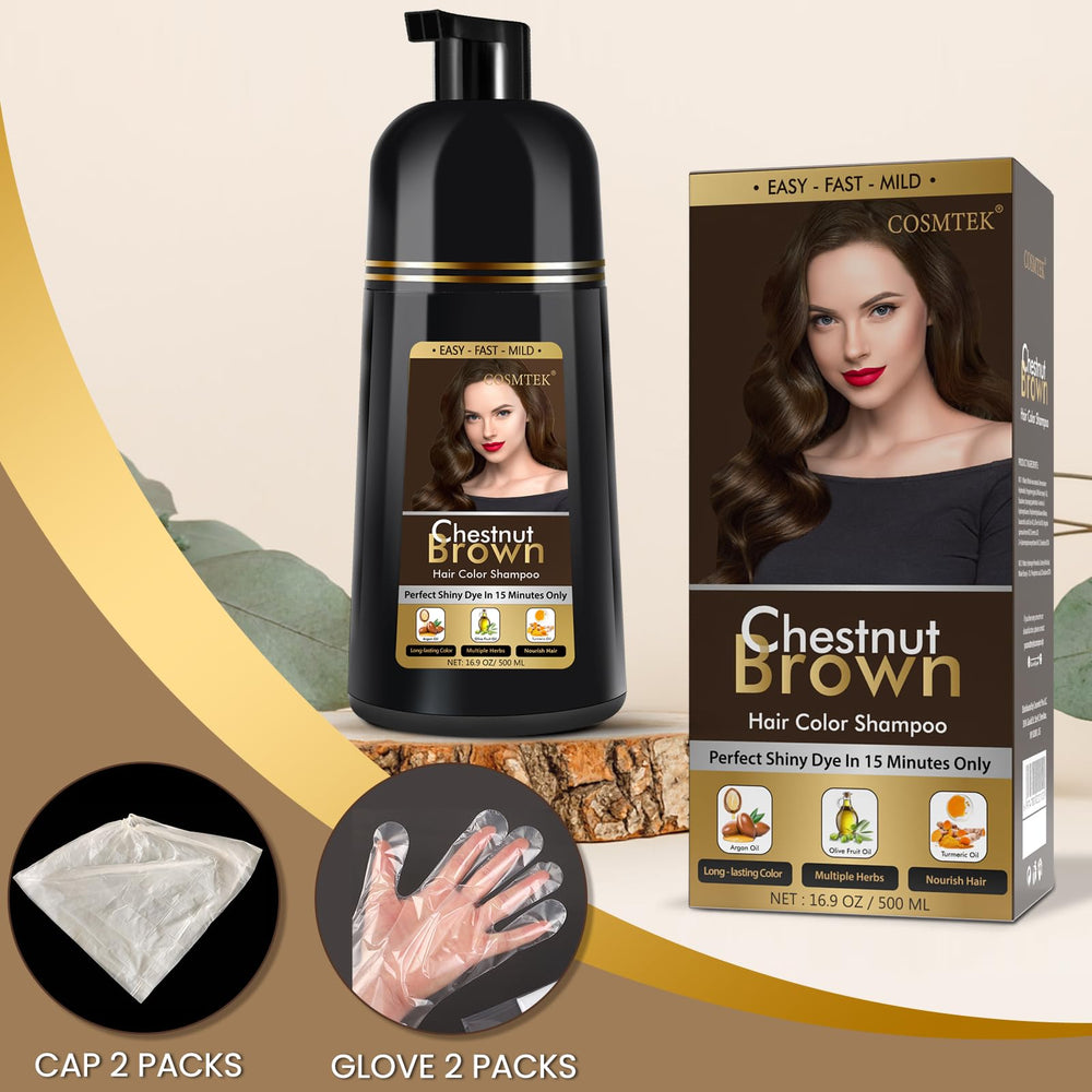 COSMTEK Chestnut Brown Shampoo applied to gray roots for coverage.
