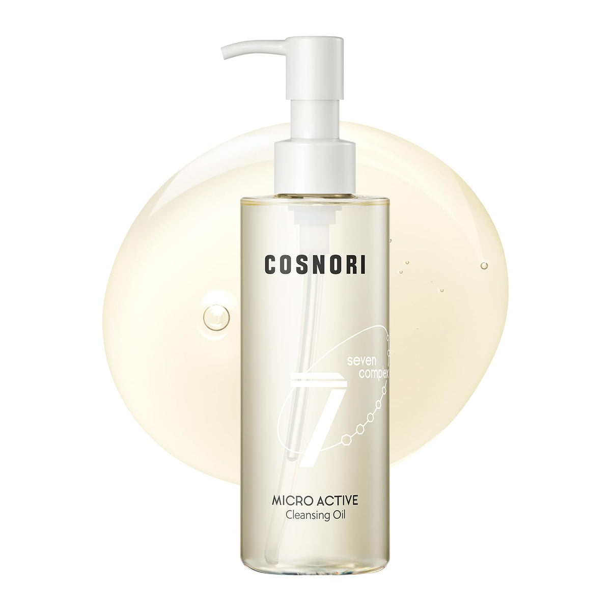 COSNORI 7-Complex Cleansing Oil bottle illustrates light makeup removal and fresh finish.