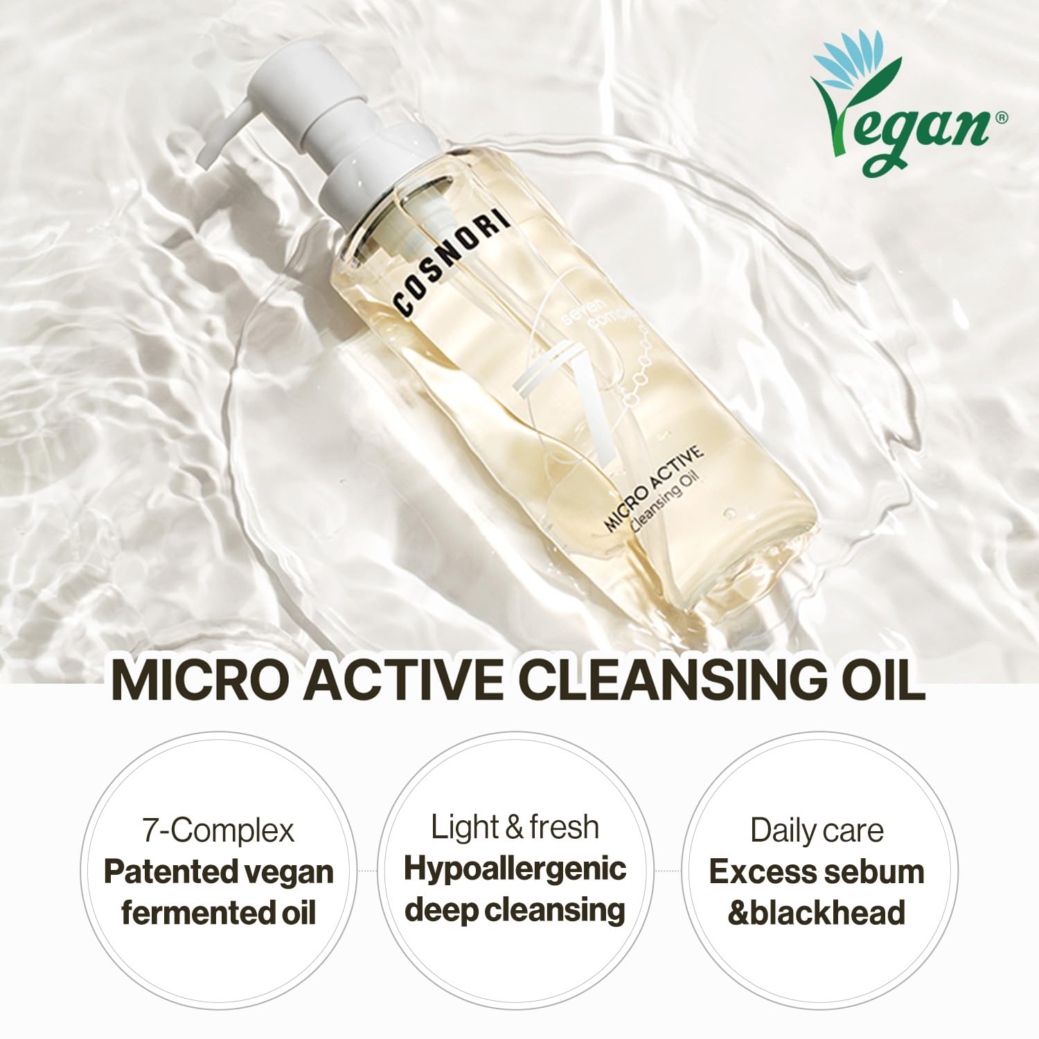 COSNORI cleansing oil pump action enables easy, mess-free dispensing during cleansing.