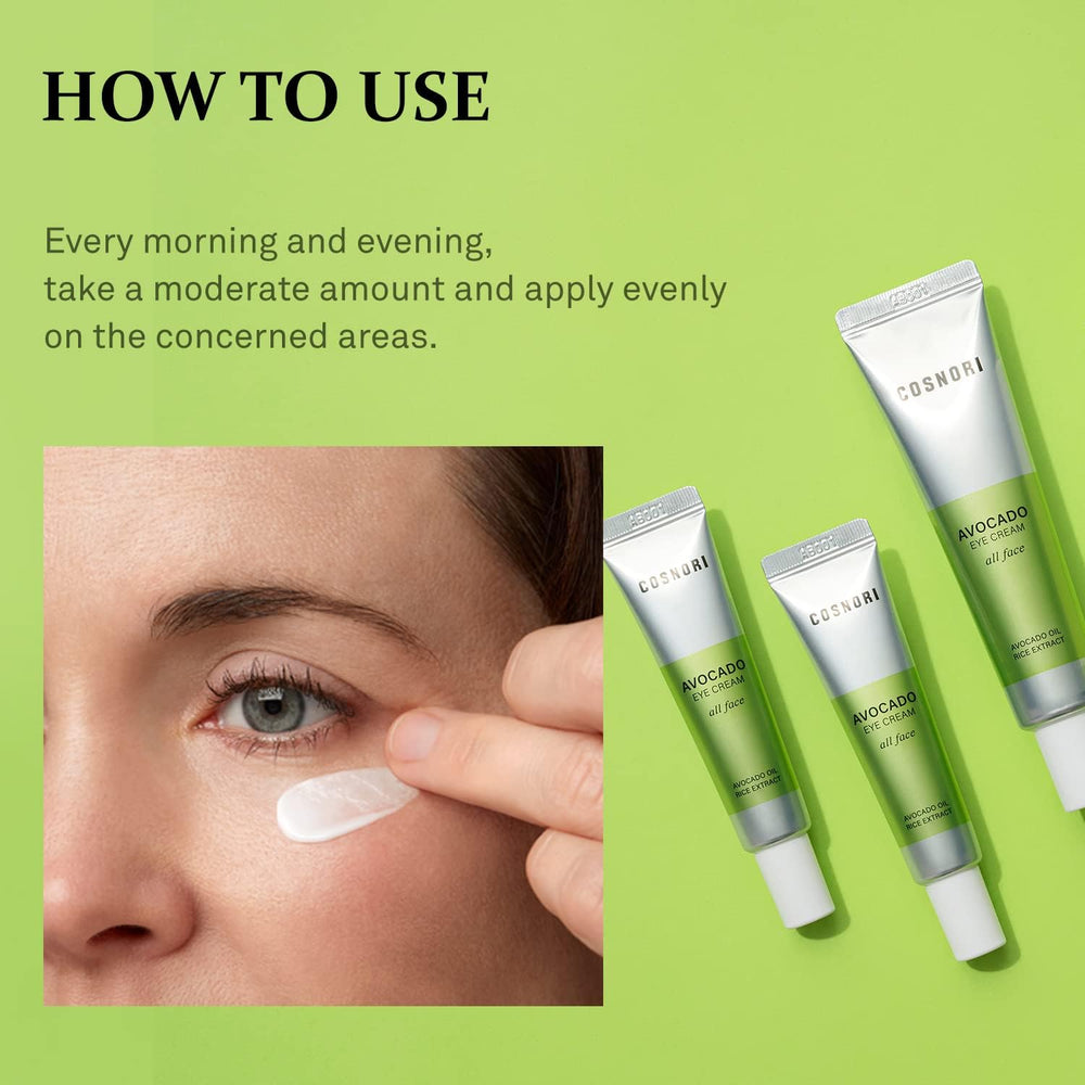 COSNORI Avocado Eye Cream application under the eye to de-puff and nourish.